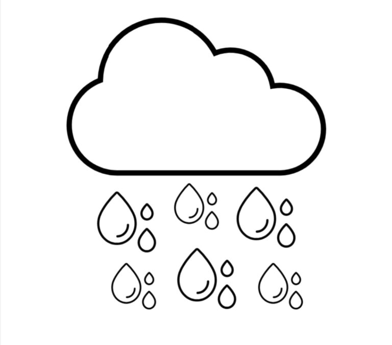 black and white coloring page of a cloud with falling raindrops